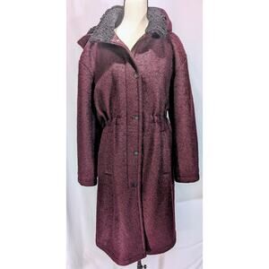 Kenneth Cole Boucle Wool Blend Hooded 3/4 Coat Burgundy Cinch Waist Size L